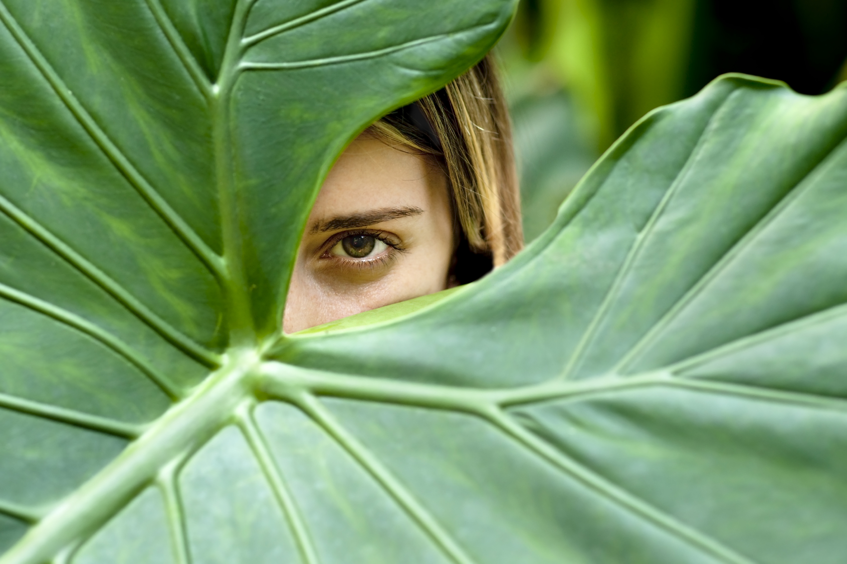 Girl hiding behind a big leaf.