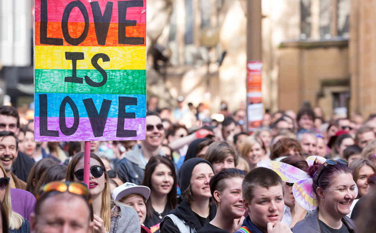 Same-Sex marriage activists march in the street during a Same-Sex Marriage rally in Sydney, Sunday, Aug. 9, 2015. (AAP Image/Carol Cho) NO ARCHIVING